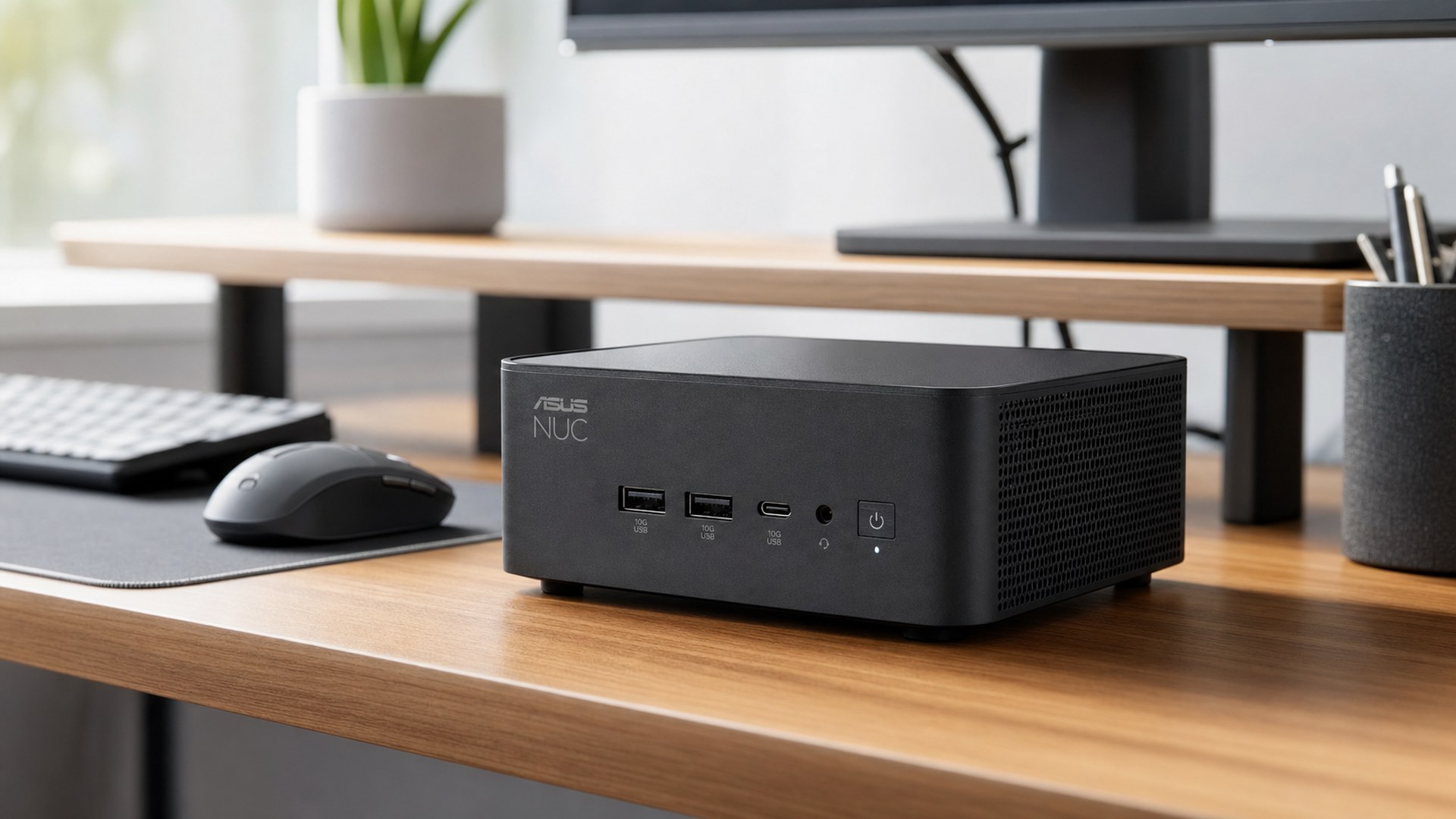 ASUS NUC 15 Pro black mini PC on a premium home office desk