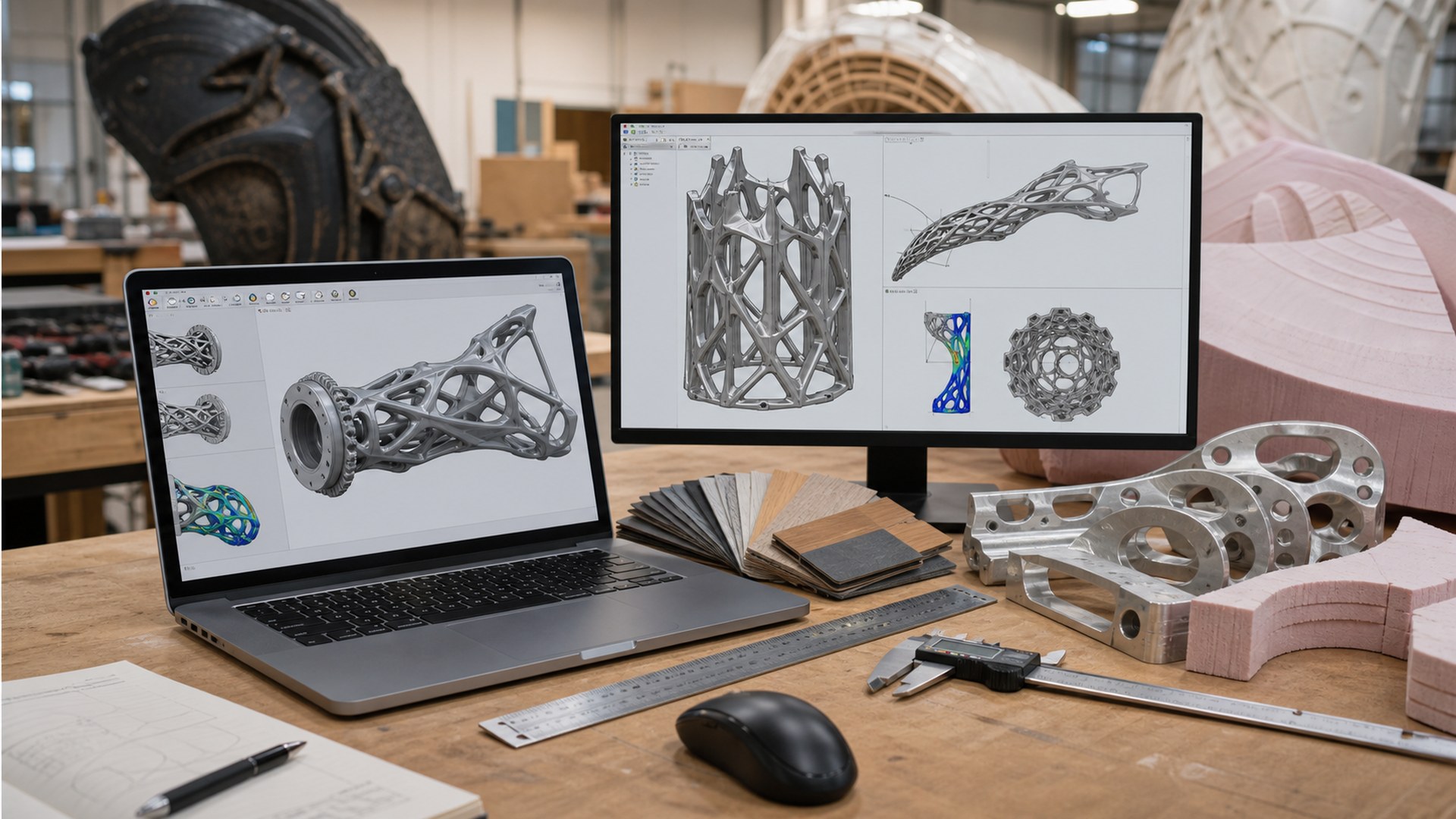 Autodesk Fusion AI giant prop design tool in a photorealistic fabrication studio workflow