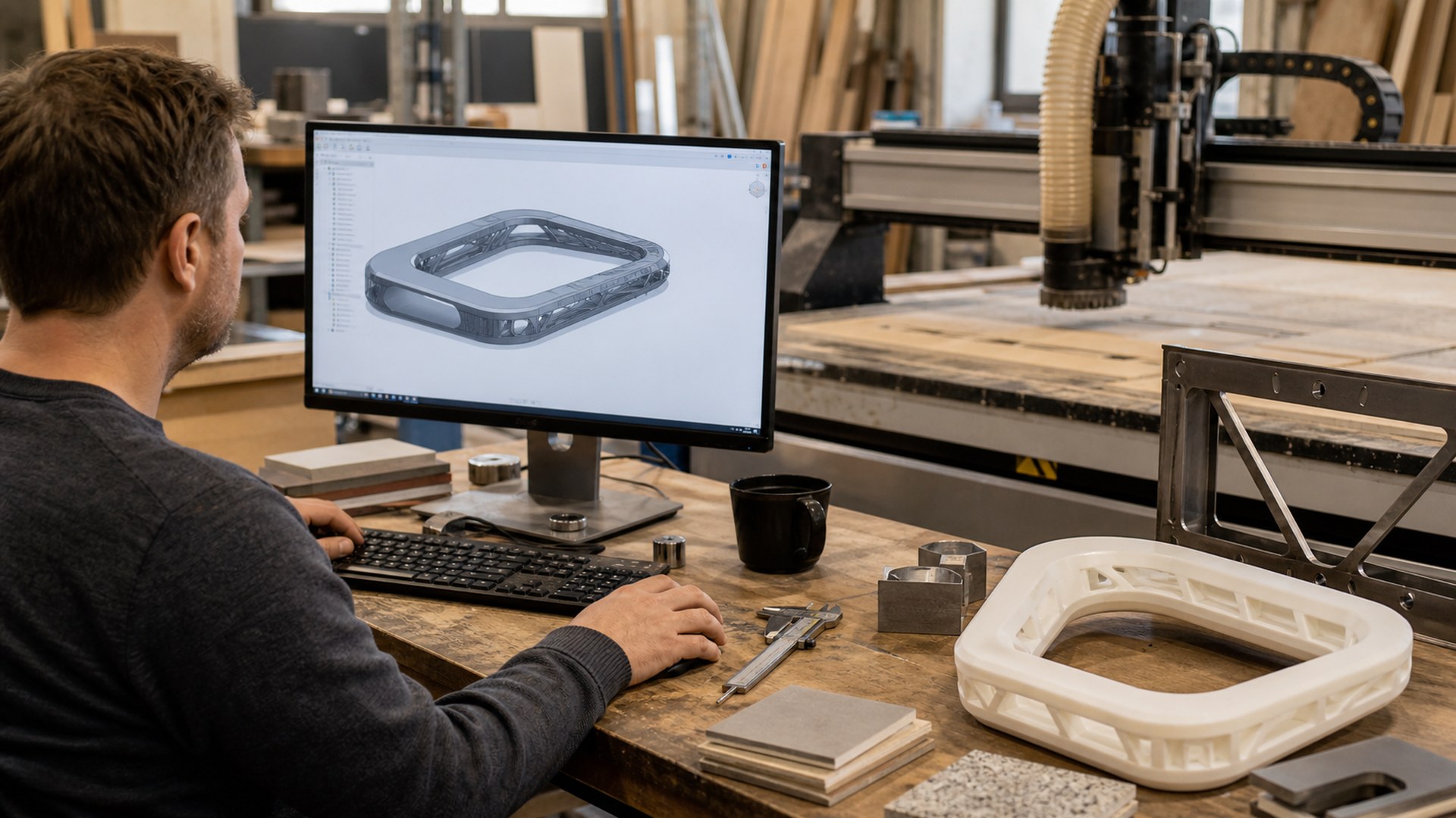Autodesk Fusion AI tool shown in a large format fabrication studio workflow