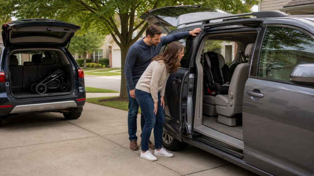 family shoppers checking rear seats and cargo space in a family vehicle