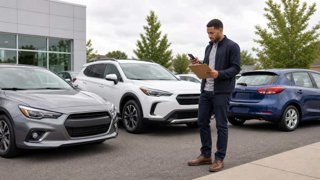 car shopper comparing a sedan, SUV, and hatchback in a clean vehicle shopping area