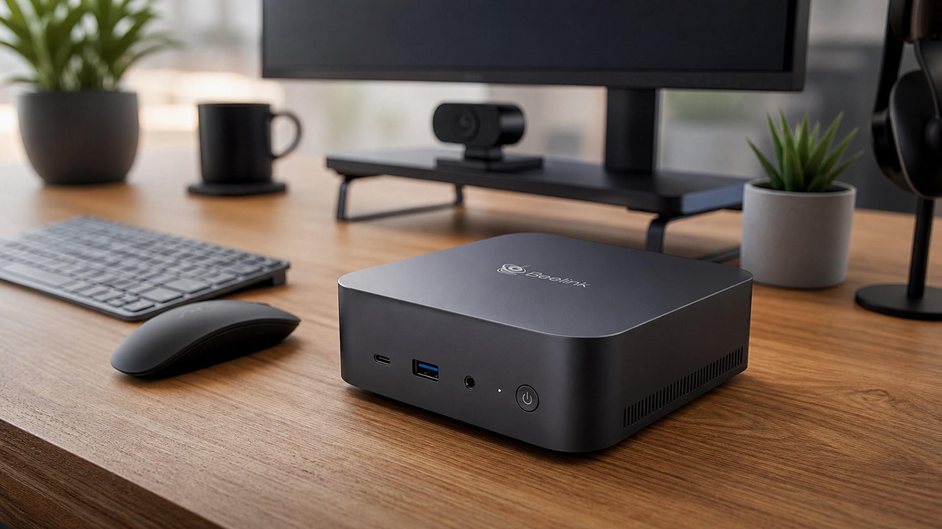 Beelink SER9 Pro compact mini PC on a video-call ready home office desk
