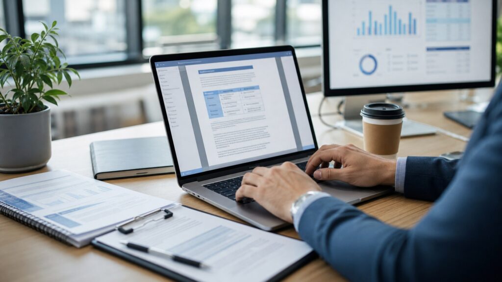 Ultra photorealistic office scene showing AI proposal writing software used for sales proposals and RFP response work