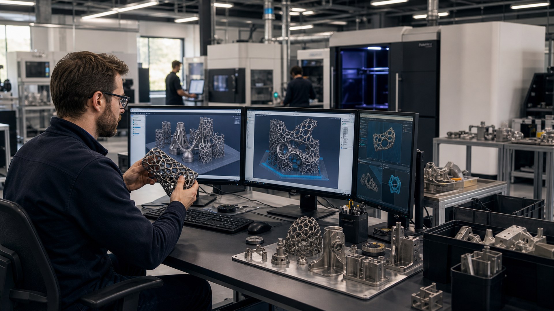 Editorial 16:9 image representing Oqton Manufacturing OS for AI-assisted 3D printing business operations
