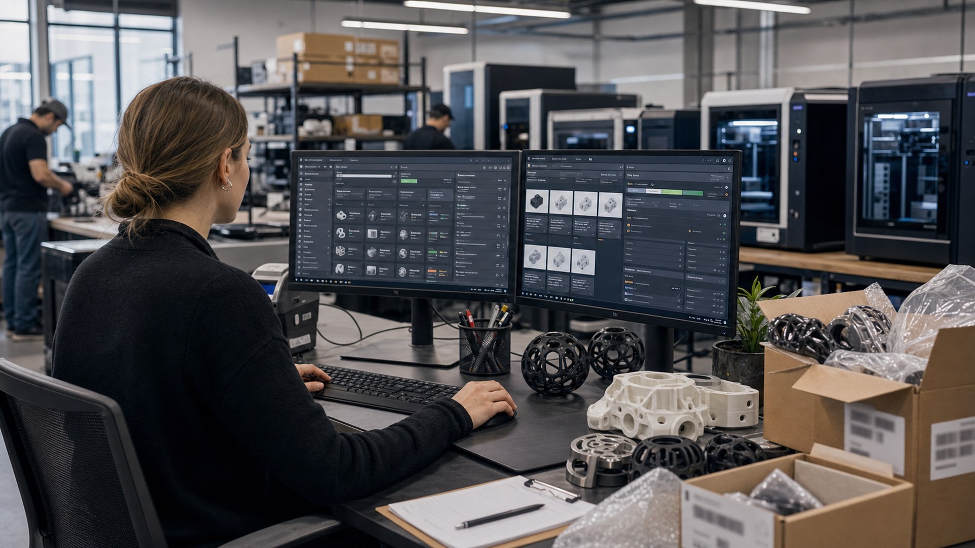 Editorial 16:9 image representing RapidFab OS for AI-assisted 3D printing business operations