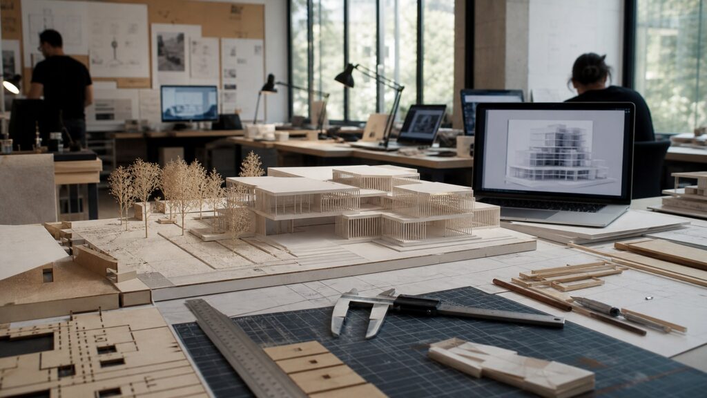 Architectural model making studio using AI tools for massing layouts visualization and 3D model components