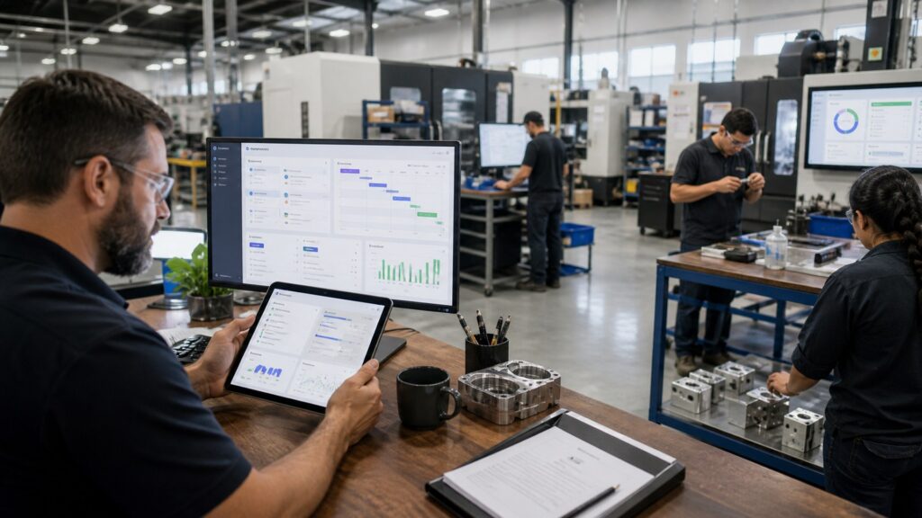 AI tools for custom manufacturers shown across quoting, CNC, fabrication, additive manufacturing, and production workflows