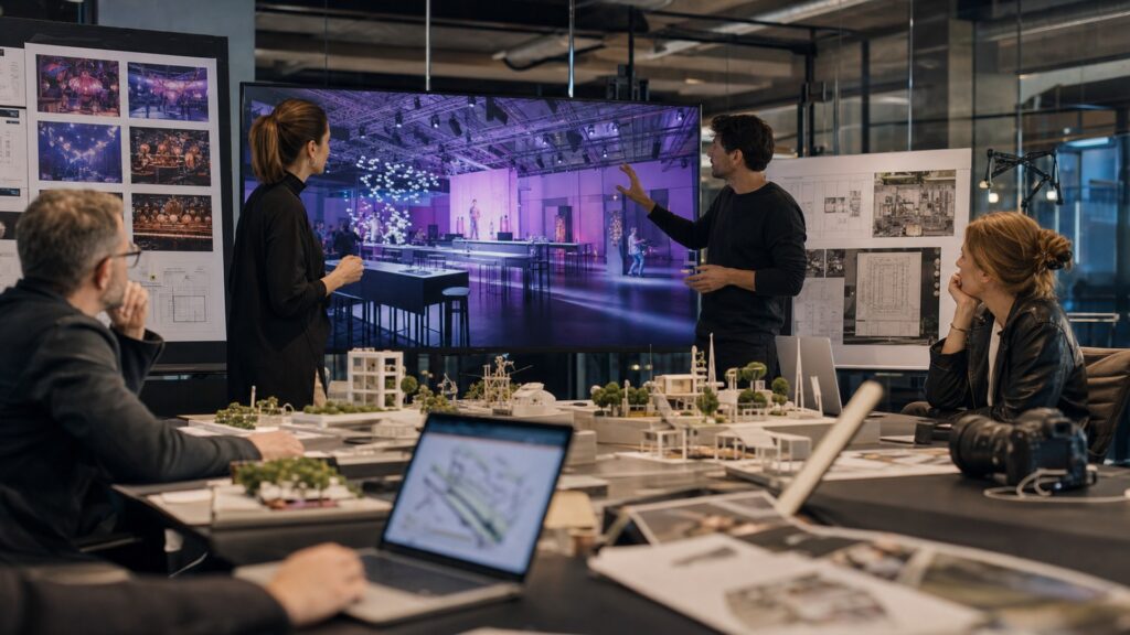 Experiential marketing agency team using AI tools for brand activation concepts immersive previews event data and campaign assets