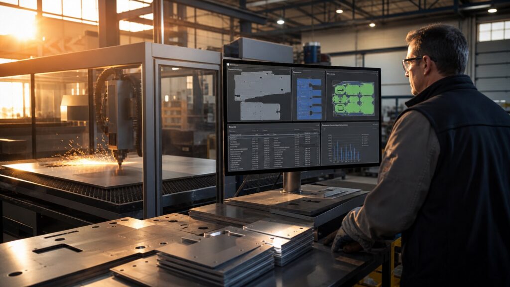 AI fabrication shop software dashboard with nesting, quoting, and production planning visuals