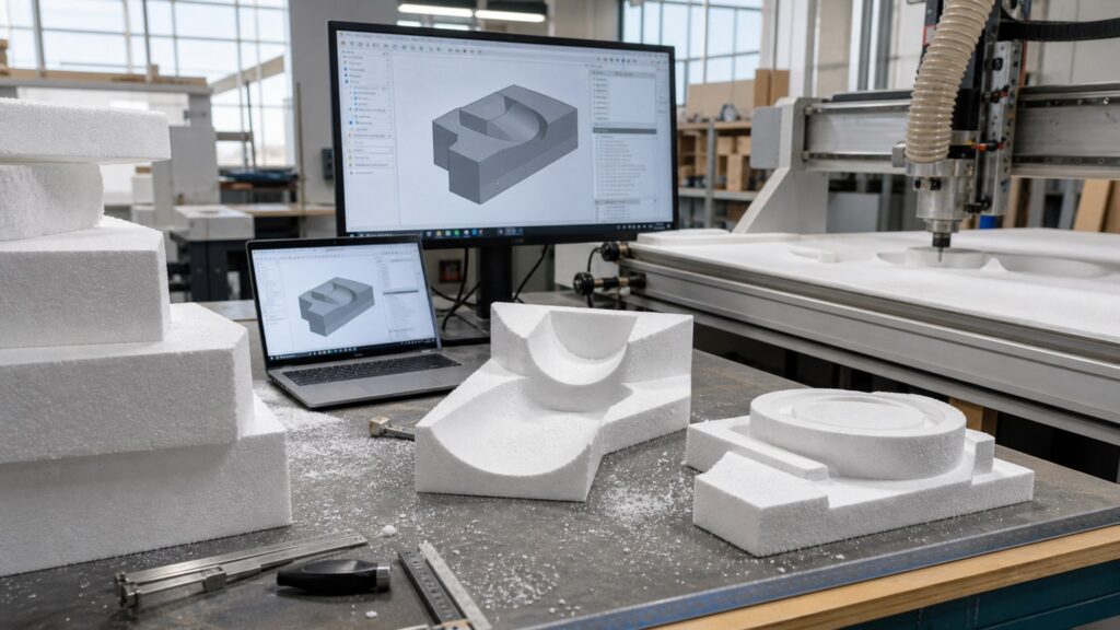 AI-assisted foam fabrication workflow with CAD models, foam blocks, material studies, and quoting dashboards