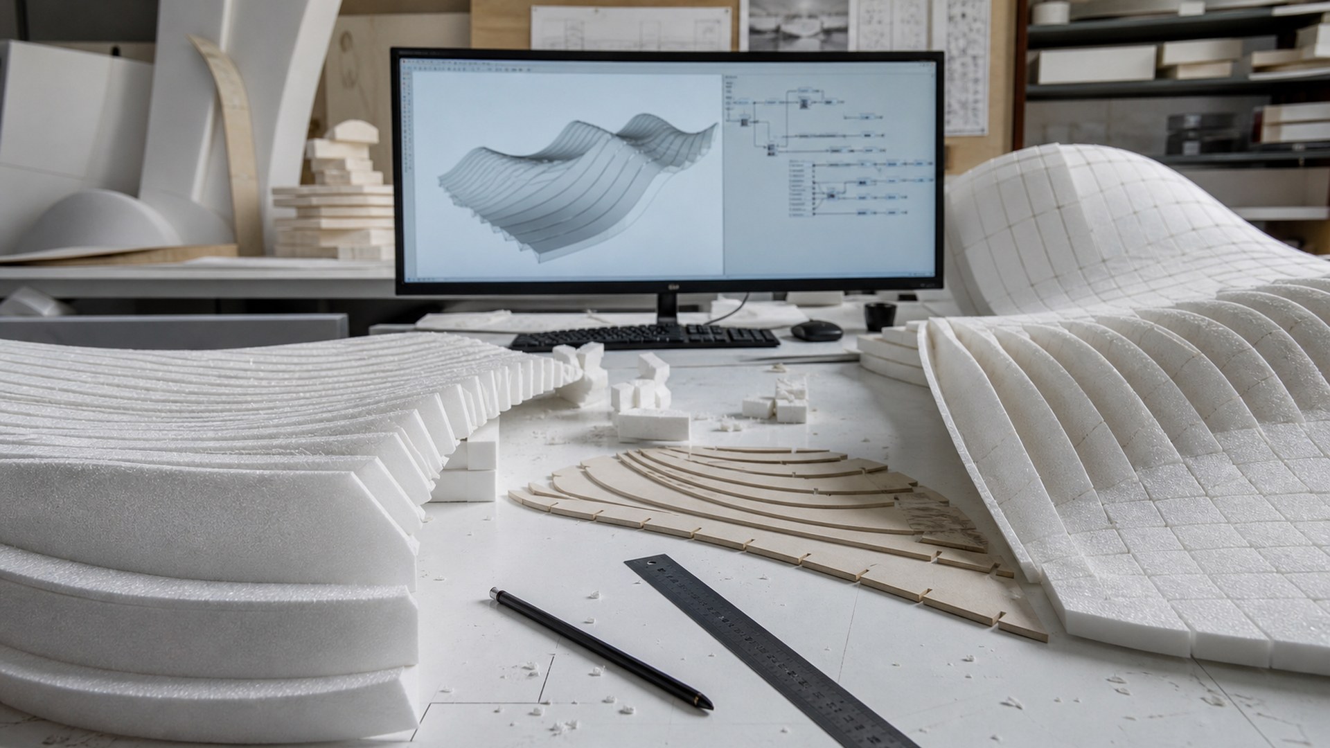 Editorial 16:9 image representing Rhino 8 and Grasshopper for AI-assisted foam fabrication