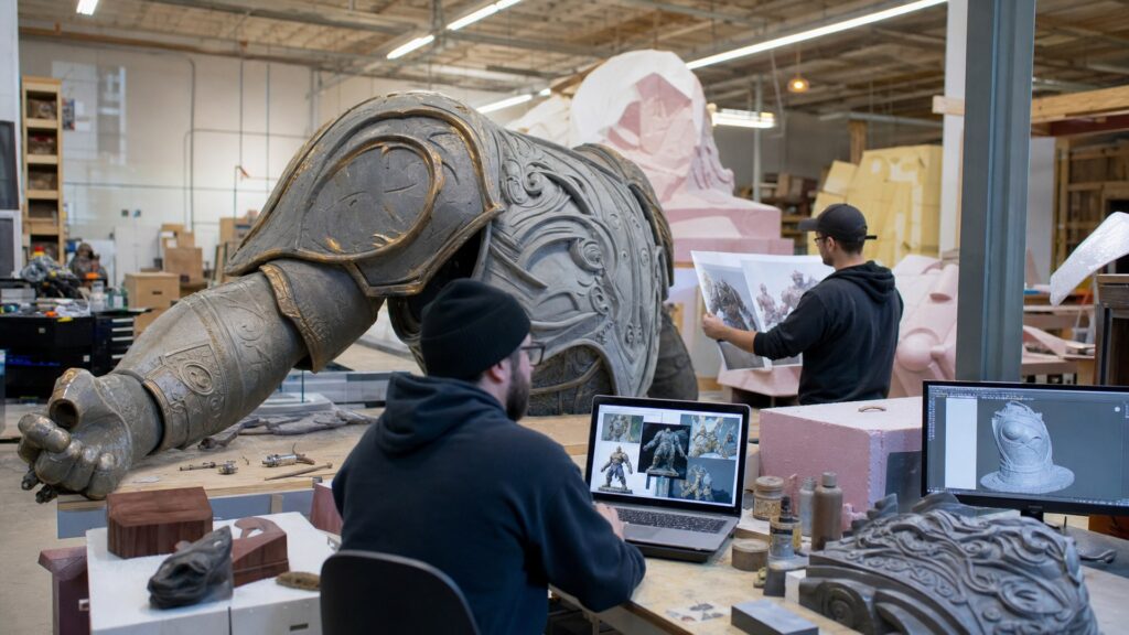 Photorealistic giant prop fabrication studio using AI design tools for concepting 3D modeling and build planning