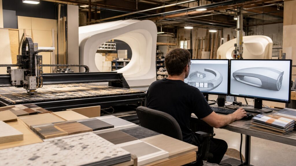 Large format fabrication studio using AI tools for concepting 3D modeling CAD materials and production planning