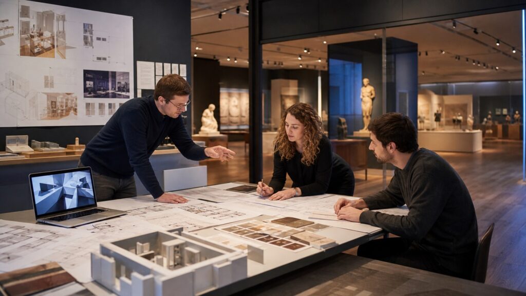AI-assisted museum exhibit design workflow with gallery planning, immersive media, and visitor experience concepts
