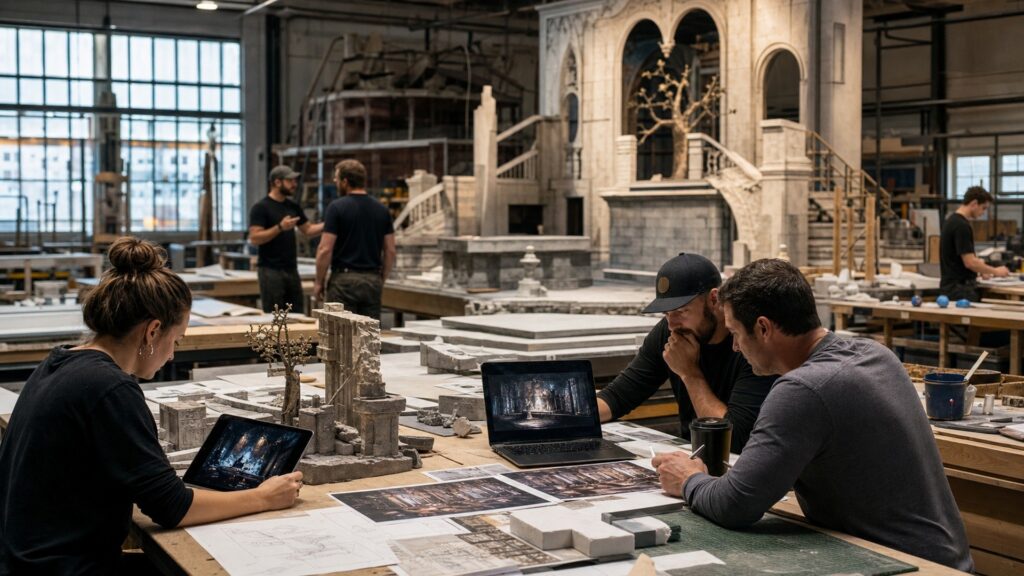 AI-assisted scenic fabrication planning with concept models, shop documents, and creative previews