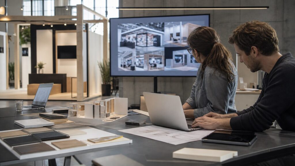 Trade show exhibit design studio using AI tools for booth concepts renderings 3D assets and pitch media