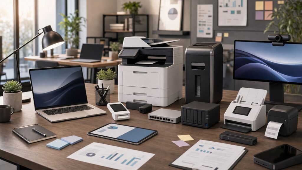 business products for startups arranged in a premium modern business workspace