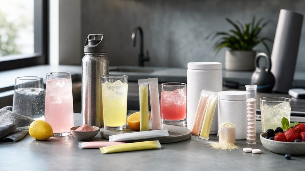 Premium hydration and functional electrolyte drinks arranged on a modern countertop