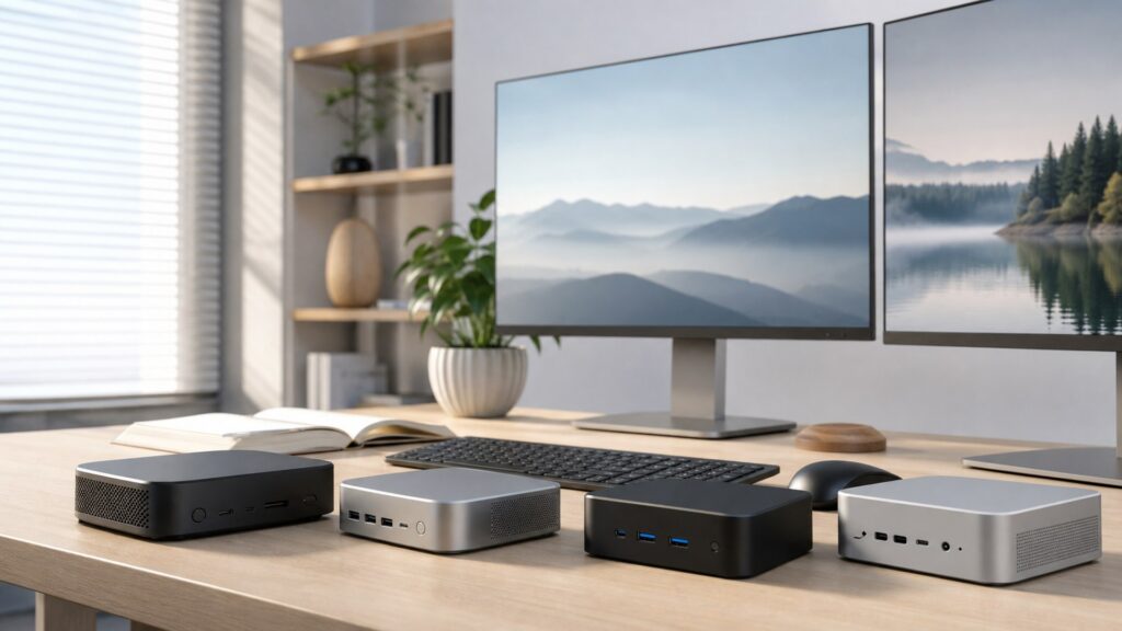 Mini PCs arranged on a modern home office desk with monitors and keyboard