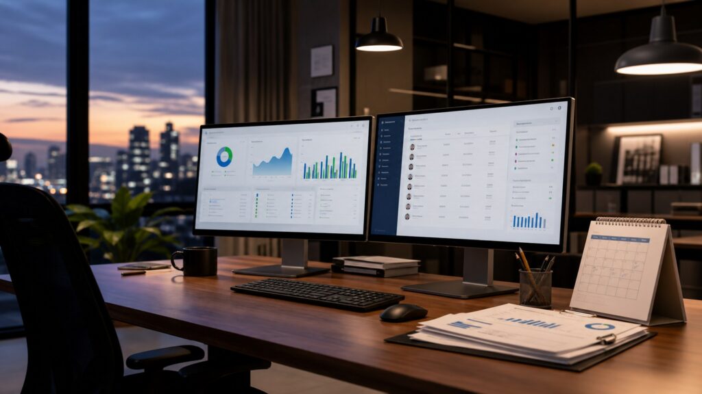 Desktop payroll software dashboard in a small business finance office