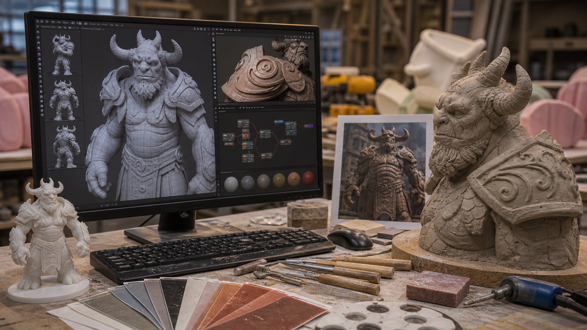 Blender AI giant prop design tool in a photorealistic fabrication studio workflow