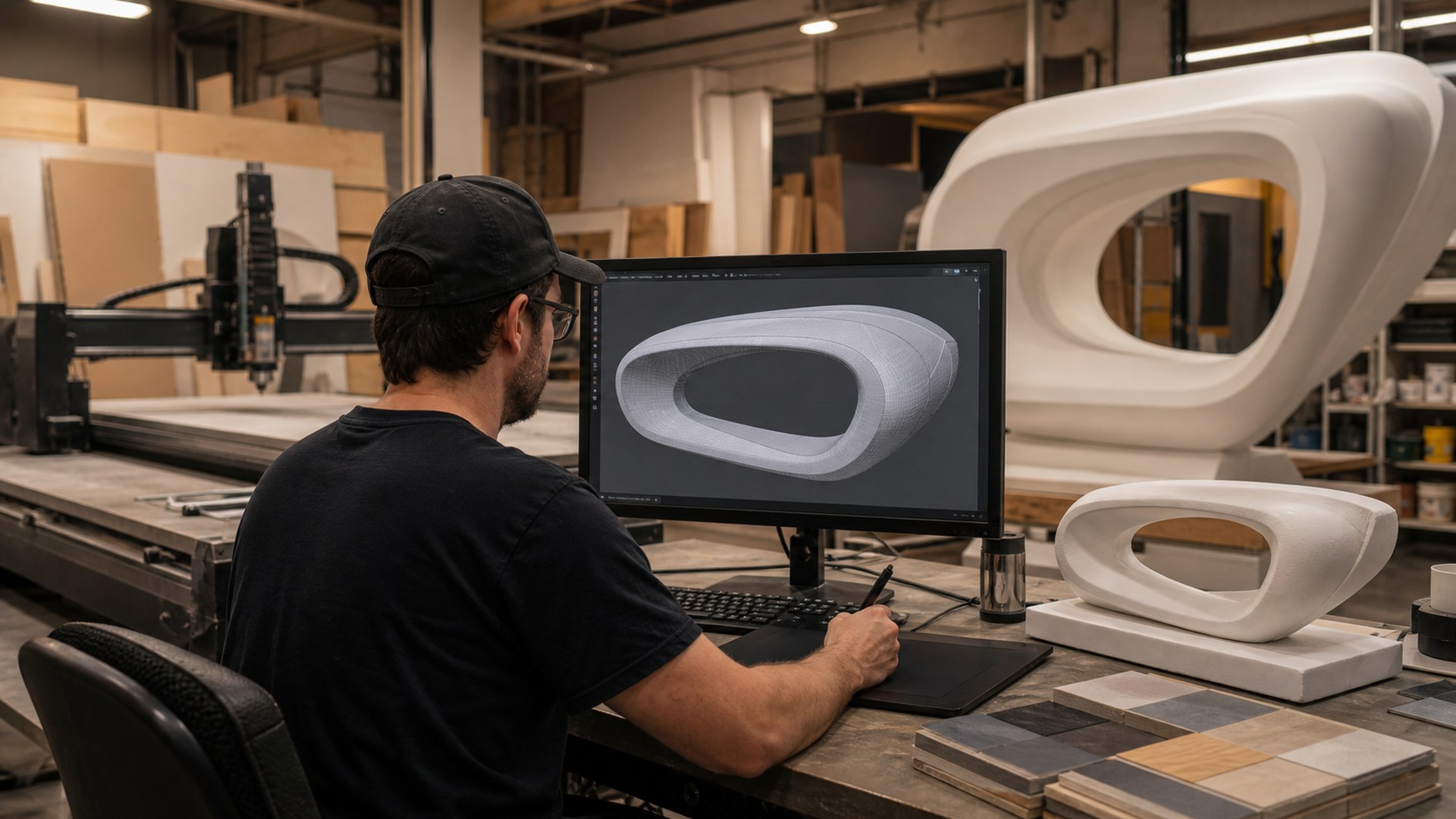Blender AI tool shown in a large format fabrication studio workflow