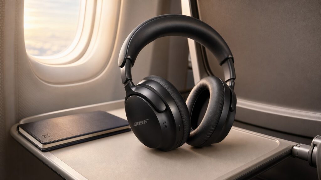 Bose QuietComfort Ultra Headphones in a premium quiet travel listening scene
