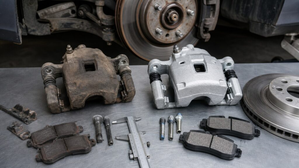 brake calipers buying guide scene with related parts prepared for vehicle fitment checks