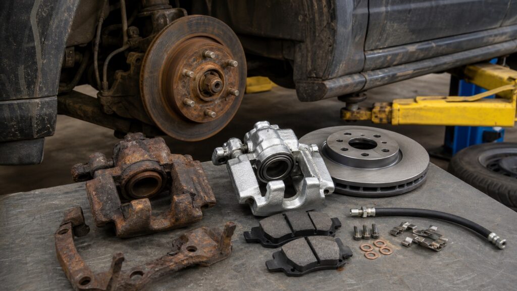 brake calipers buying guide scene with related parts prepared for vehicle fitment checks