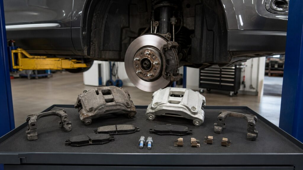 brake calipers buying guide scene with related parts prepared for vehicle fitment checks