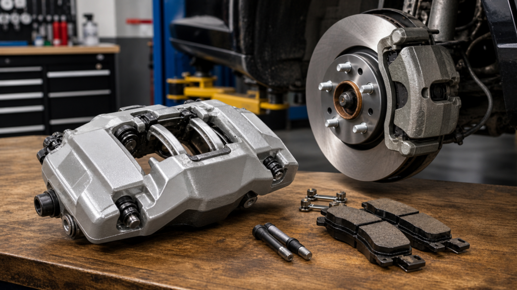Brake caliper and brake rotor assembly on an automotive workbench