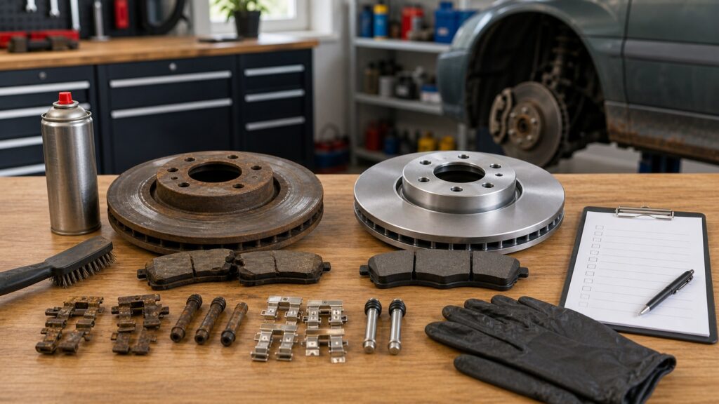 brake components shopping setup for high-mileage vehicle repairs with practical vehicle-focused details