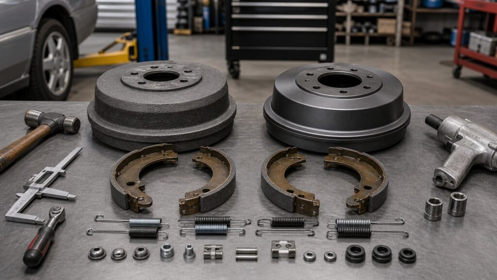 brake drums buying guide scene with related drums prepared for axle drum fit checks
