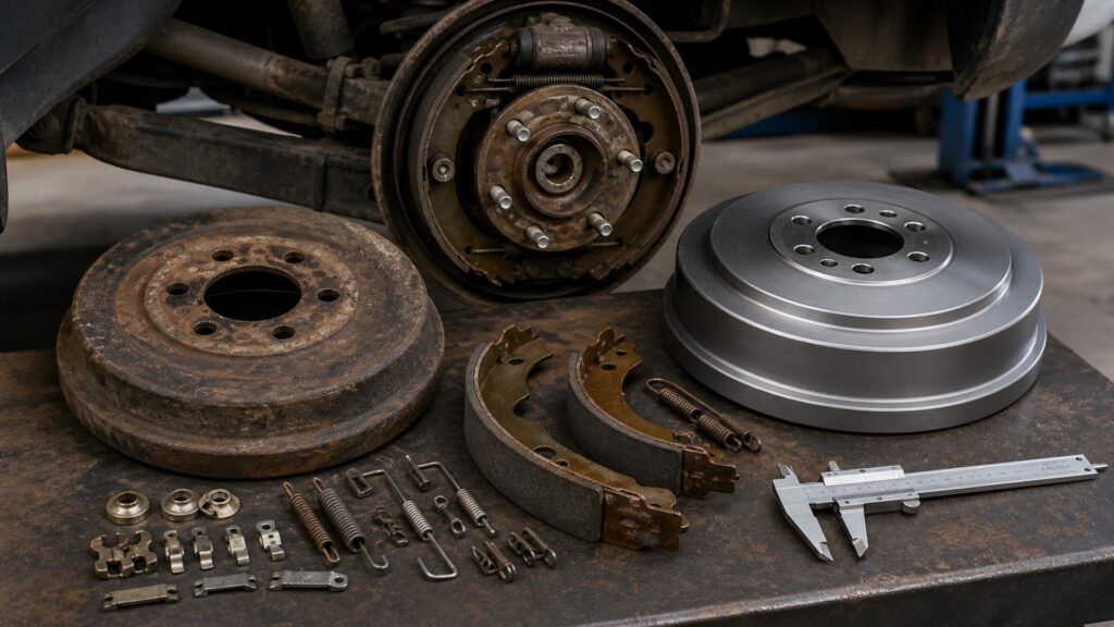 brake drums buying guide scene with related drums prepared for axle drum fit checks