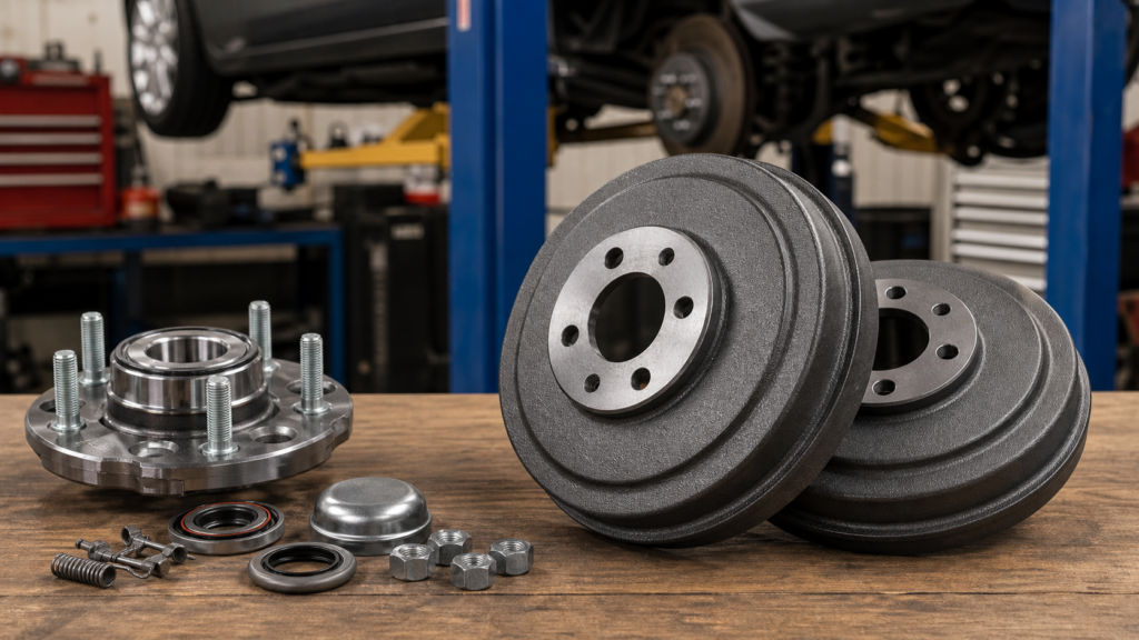 Brake drums and wheel hub parts arranged on an automotive workbench