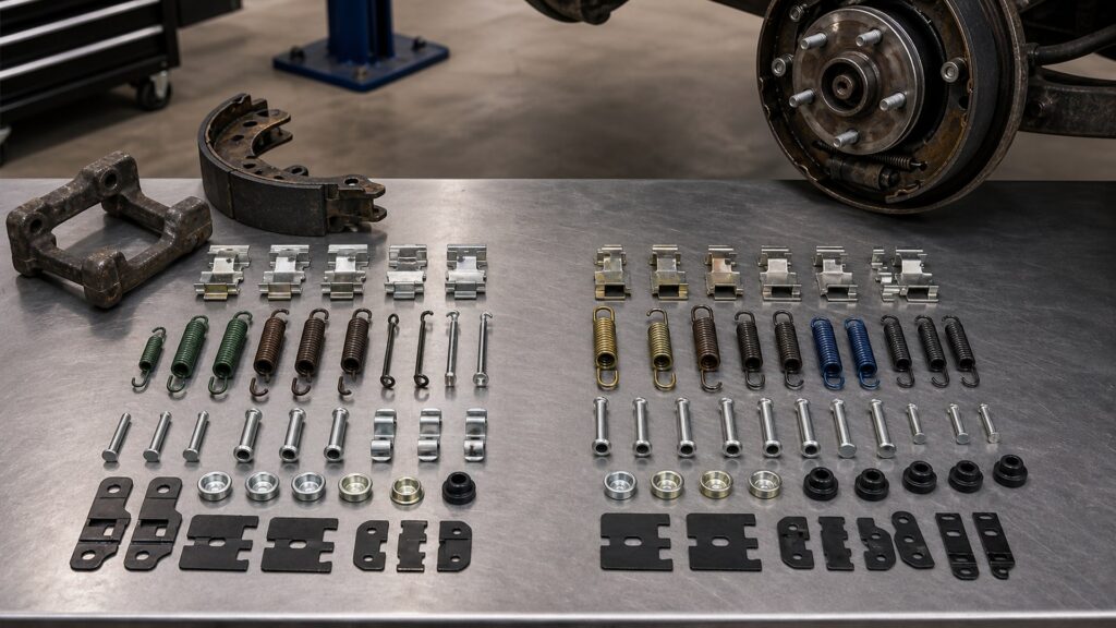 brake small hardware kits buying guide scene with related kit contents prepared for brake assembly small hardware fit checks