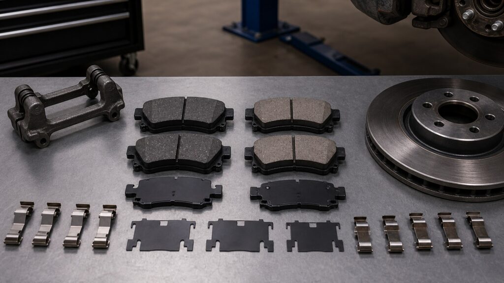 brake pads buying guide scene with related pad sets prepared for brake corner pad fit checks