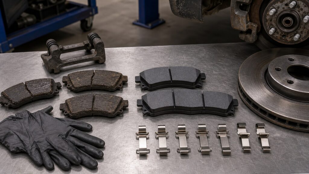 brake pads buying guide scene with related pad sets prepared for brake corner pad fit checks