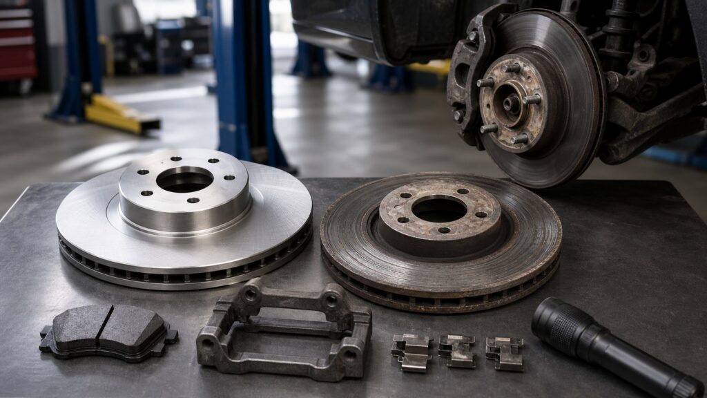 brake rotors buying guide scene with related rotors prepared for hub and caliper setup rotor fit checks