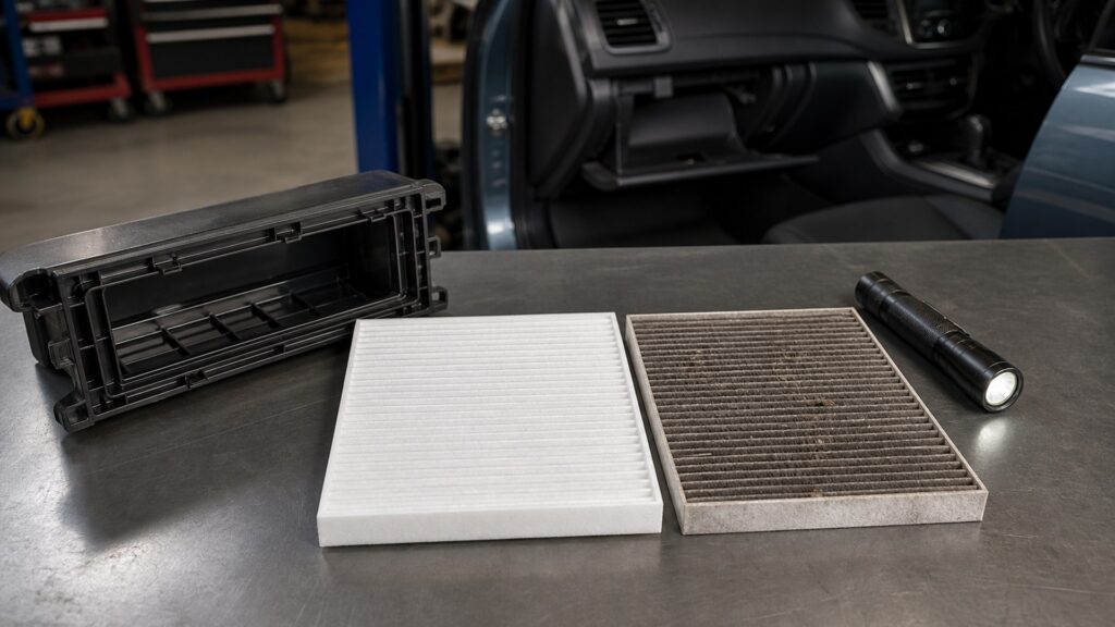 cabin air filters buying guide scene with related filters prepared for HVAC housing filter fit checks