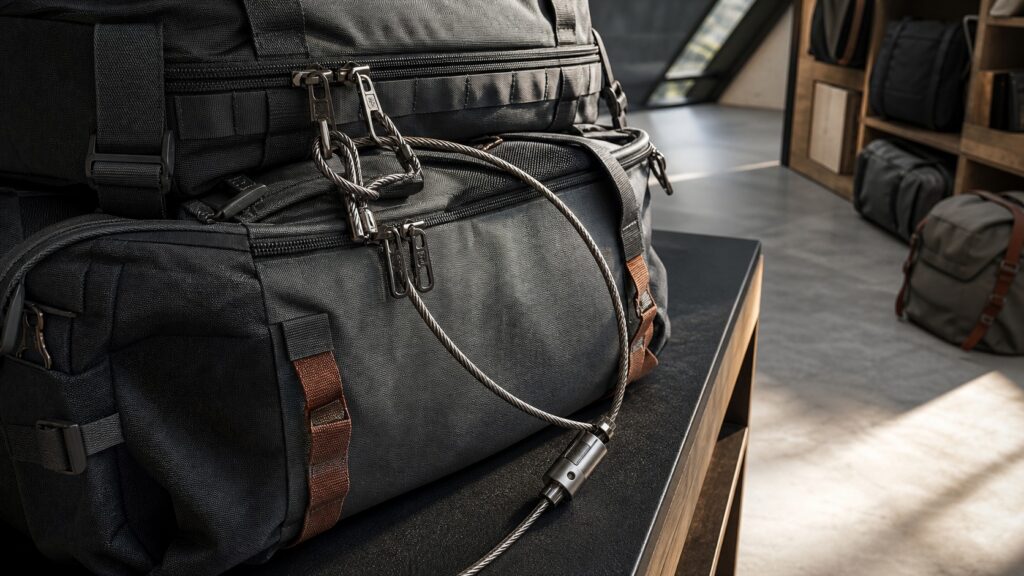 Cable luggage lock securing travel duffel bags