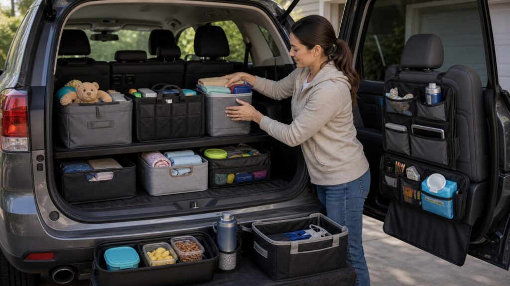 car interior accessories shopping setup for family vehicle organization with practical vehicle-focused details