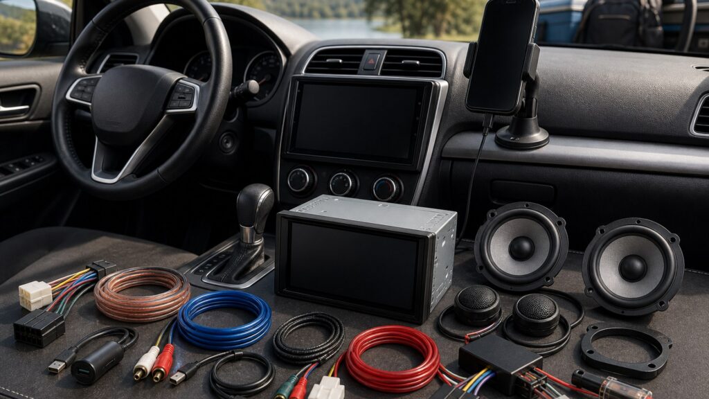 car stereo head units shopping setup for road trip technology needs with practical vehicle-focused details