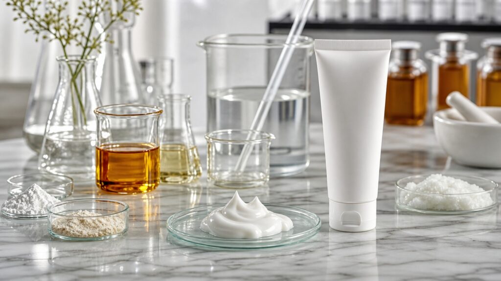 unbranded sunscreen ingredients and lotion samples on a clean skincare lab counter