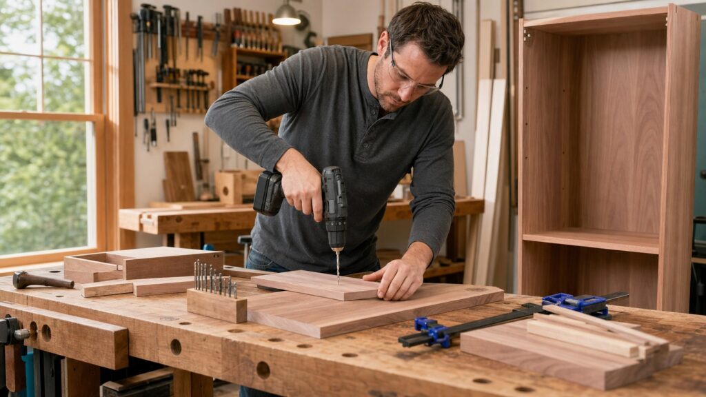 woodworker drilling a precise pilot hole in hardwood with a compact cordless drill