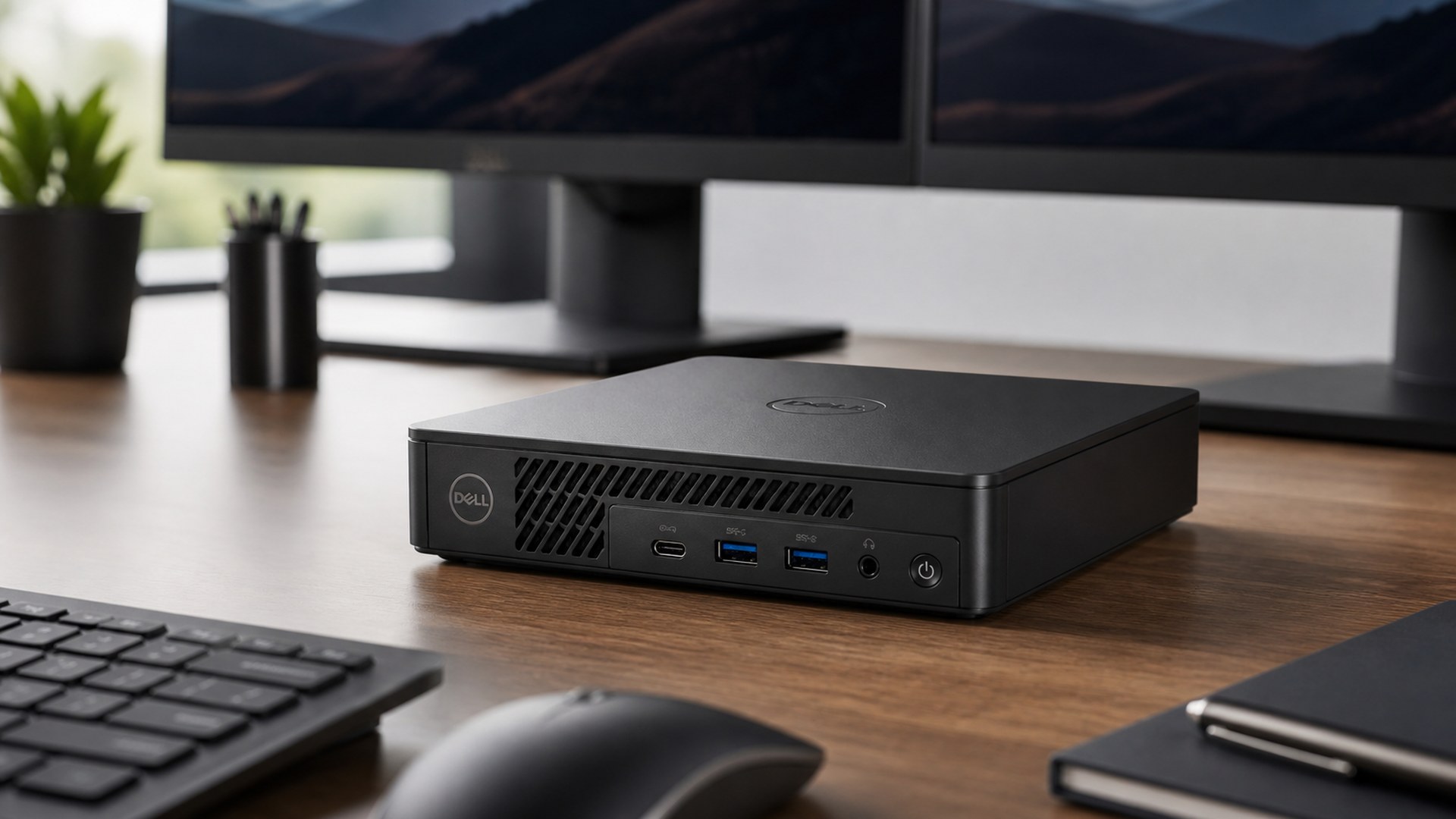 Dell Pro Micro Plus compact desktop on a dual-monitor home office desk