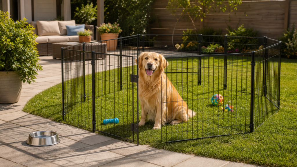Dog exercise pen set up in a tidy backyard