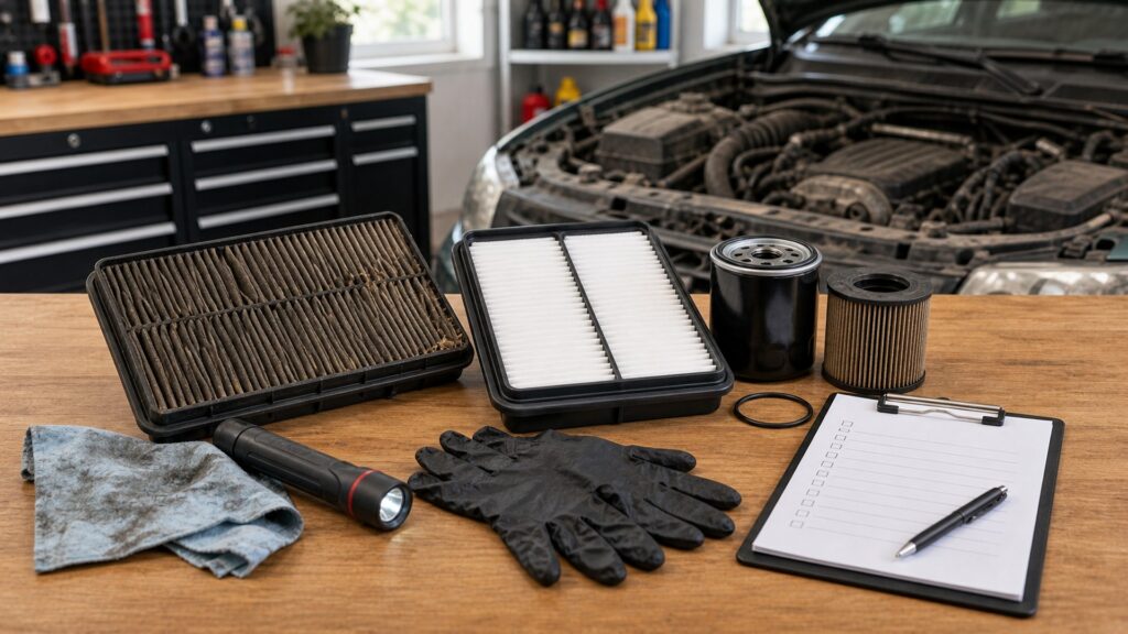 engine filters shopping setup for high-mileage vehicle repairs with practical vehicle-focused details