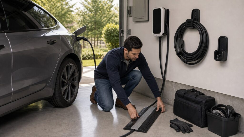 ev charging & electric vehicle gear shopping setup for charging cable management with practical vehicle-focused details