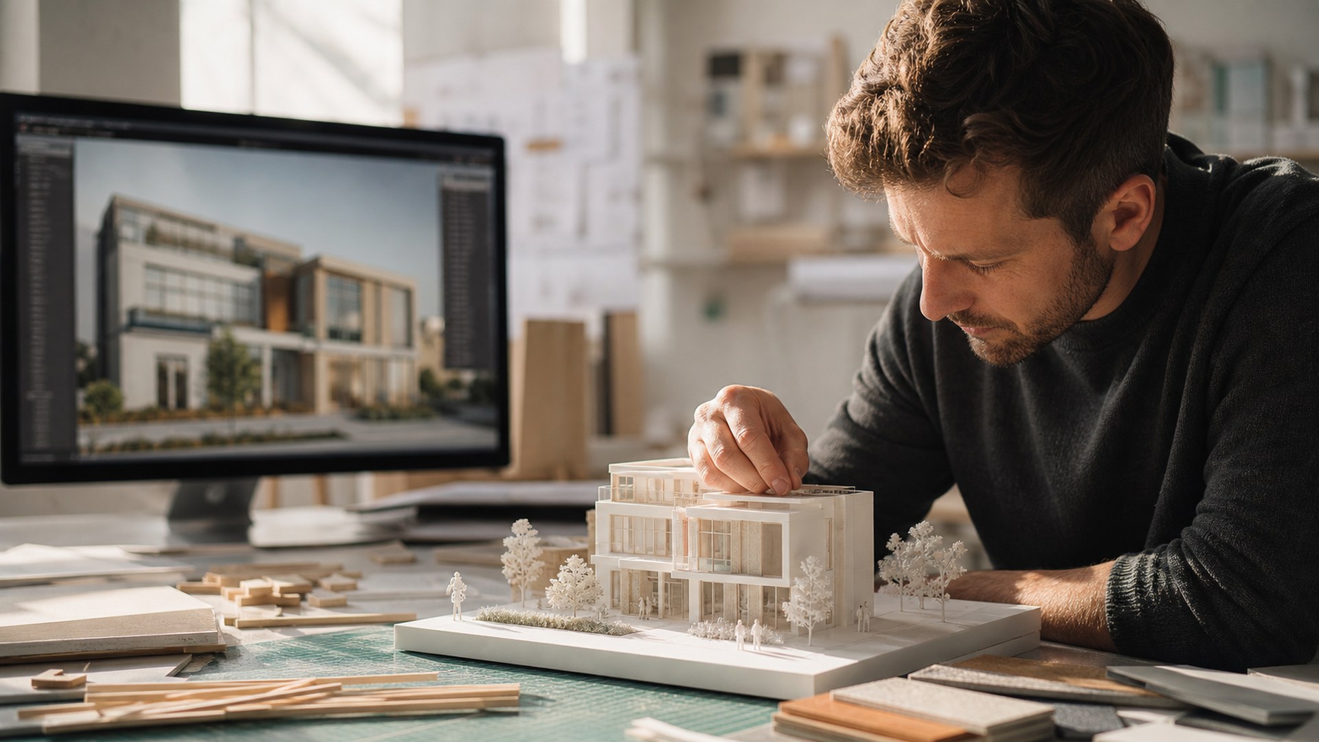 EvolveLAB Veras AI architectural model making tool shown in a photorealistic studio model workflow